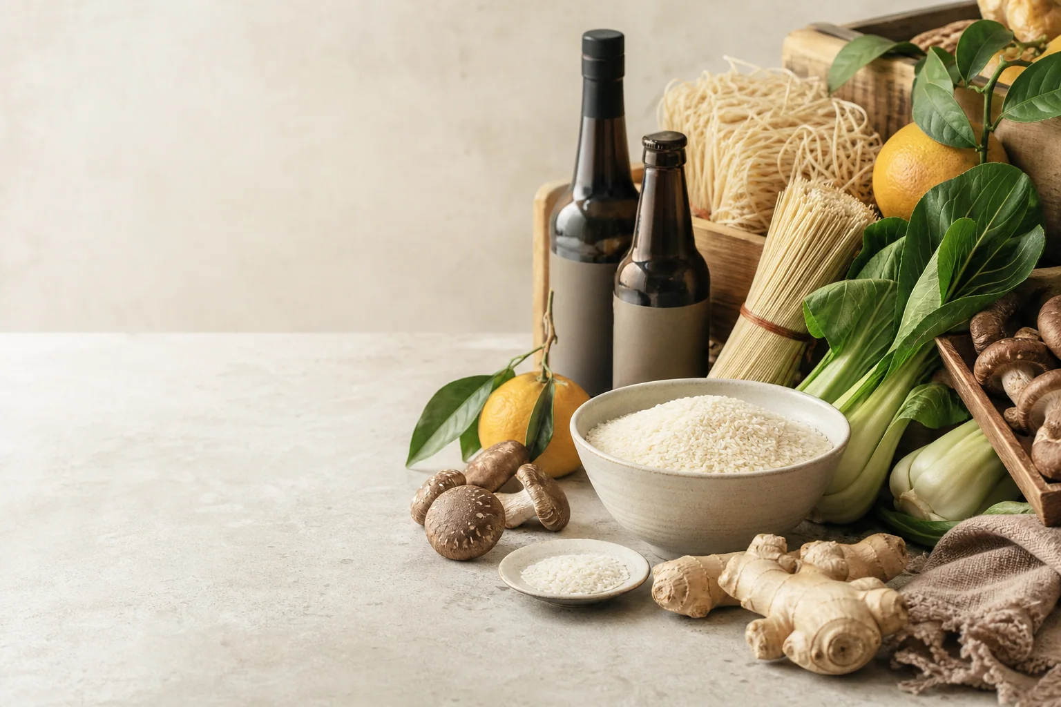 Asian pantry ingredients, rice, noodles and fresh produce arranged in soft natural light